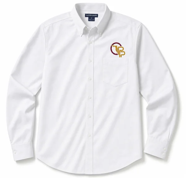 White Premium Dress Shirt, Navy Dress Pants, Black Trucker Hat combo with custom embroidered Oberlin logo — Executive - Premium Uniform Program, Oberlin Promotional Products