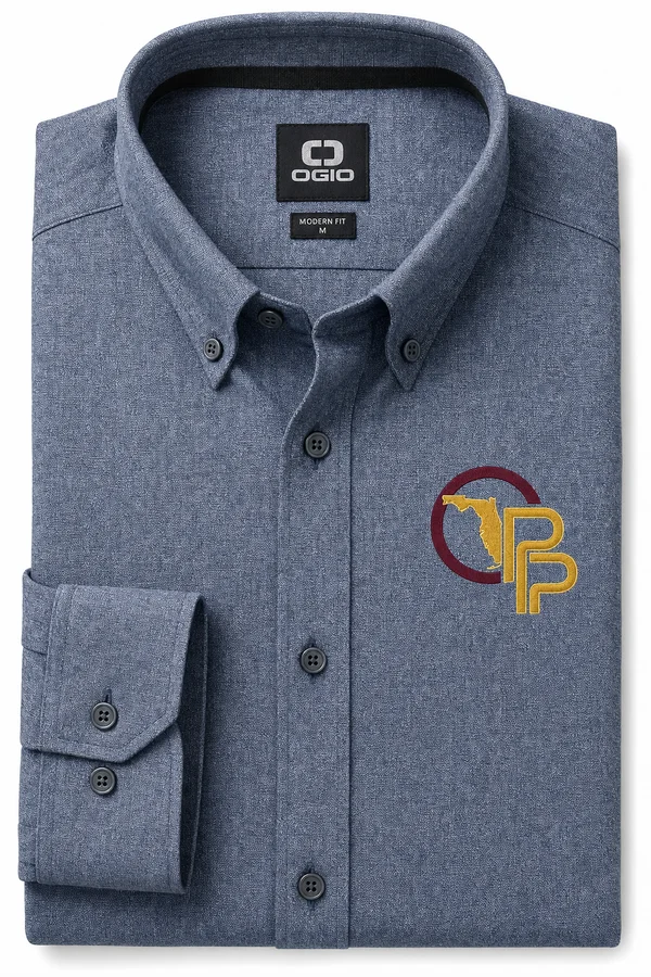 Light Blue Dress Shirt, Khaki Pants, Black Trucker Hat combo with custom embroidered Oberlin logo — Property Management Uniform Program, Oberlin Promotional Products