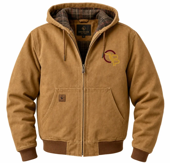 Brown Premium Jacket, Grey Work Pants, Tan Trucker Hat combo with custom embroidered Oberlin logo — Construction - Premium Uniform Program, Oberlin Promotional Products