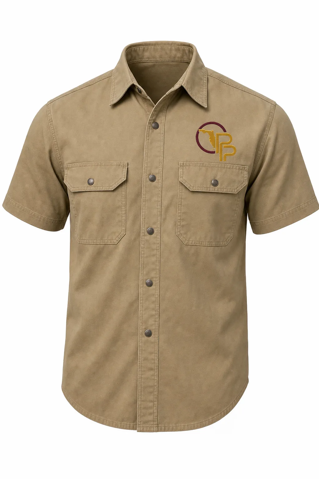 Tan Work Shirt, Grey Work Pants, Black Trucker Hat combo with custom embroidered Oberlin logo — Construction Uniform Program, Oberlin Promotional Products