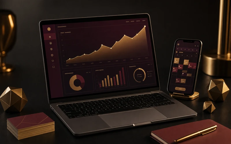 Laptop and phone displaying marketing analytics dashboards and a social media content calendar