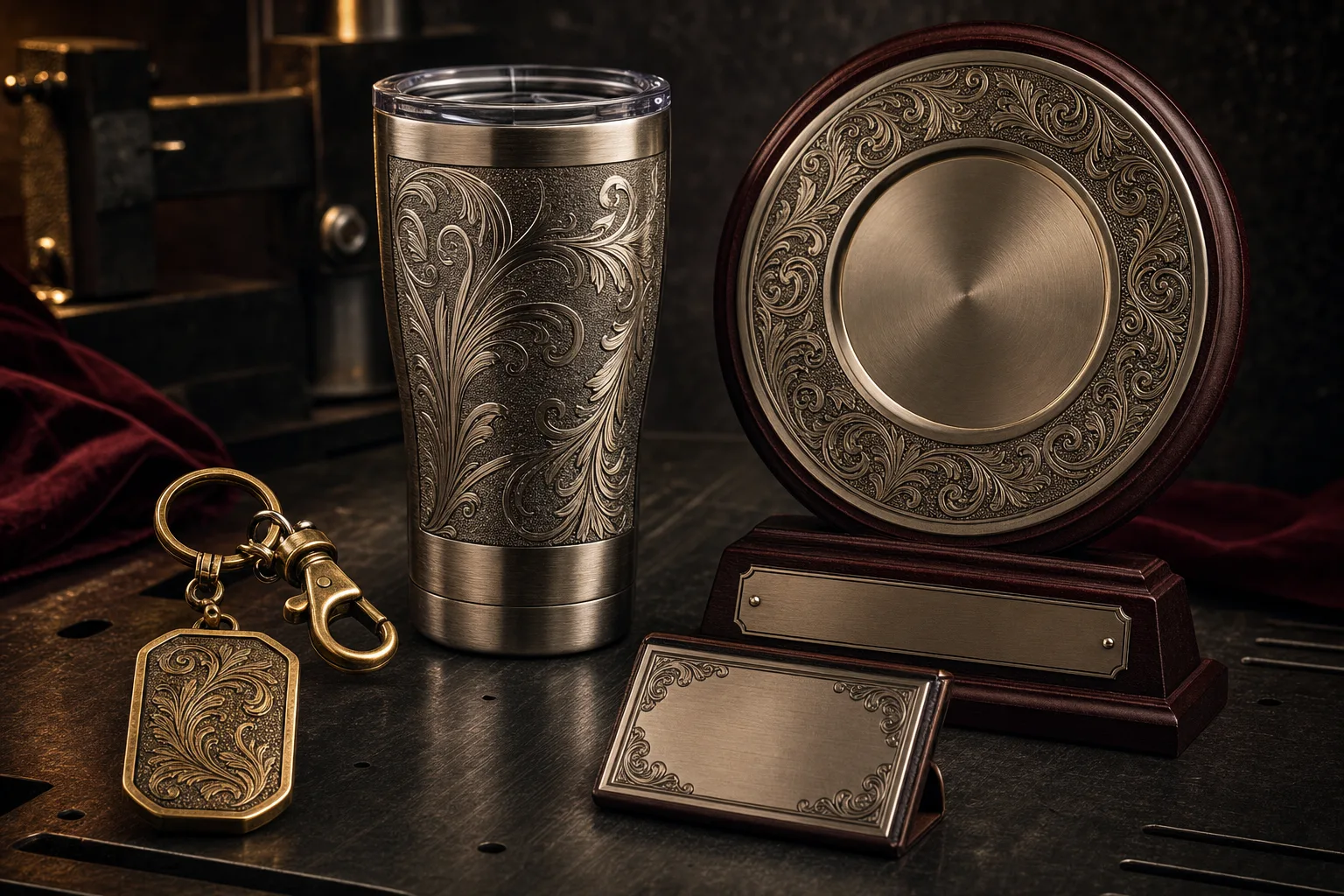 Engraved brass keychain, stainless tumbler, plaque and award trophy plate on a dark surface